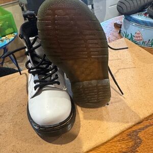 Dr. Martens Kids White Boots with Black Laces and Yellow Stitching Accent